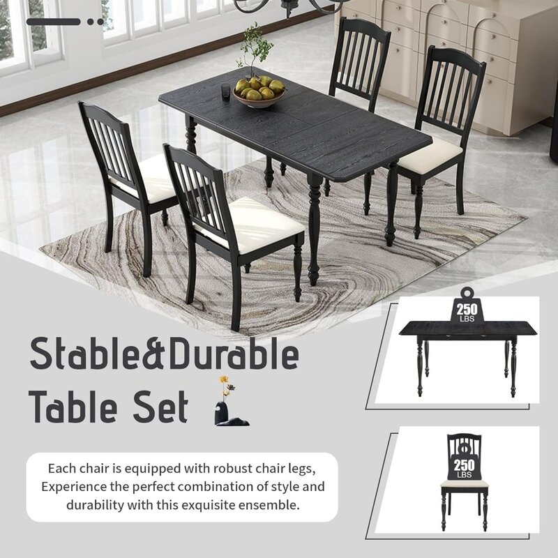 Cadeiras de mesa de jantar extensíveis para 4 espresso e tecido bege, folha de borboleta, cozinha do meio do século, 5 PCs