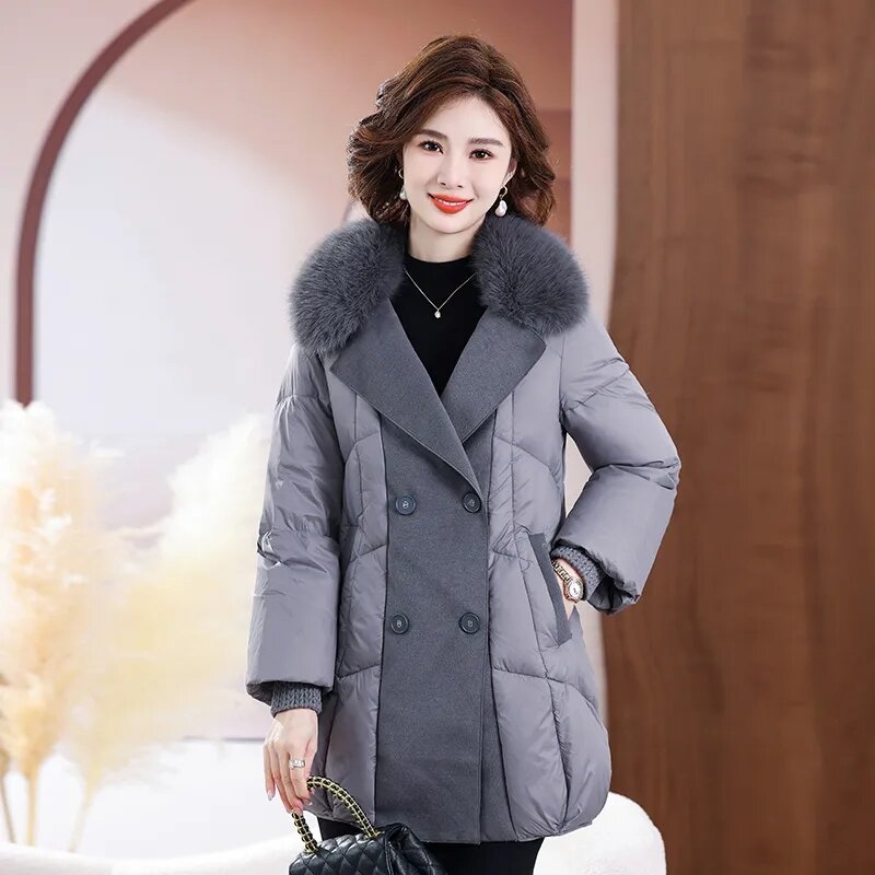 Biała kurtka puchowa dla kobiet w zimie, nowy patchworkowy wełniany płaszcz, modna kurtka puchowa do połowy długości