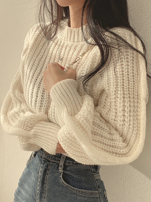 Sweter lengan panjang wanita, baju rajut Vintage Harajuku lentera lengan panjang kasual Korea musim gugur musim dingin lembut hangat atasan Chic Solid Femme