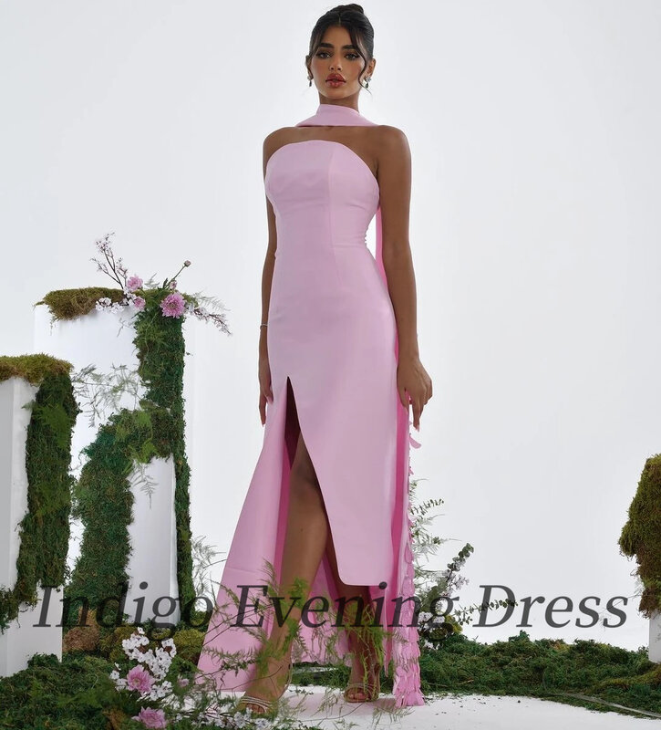 Атласные вечерние платья цвета индиго, без бретелек, до щиколотки, с Боковым Разрезом, женское официальное платье, 2024