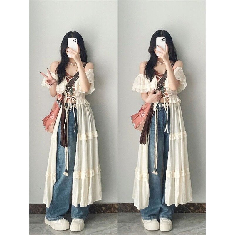 HOUZHOU gaun Balut Wanita ruffle elegan gaun manis panjang putih gaun Streetwear Chic Vintage seksi Midi Korea Y2k