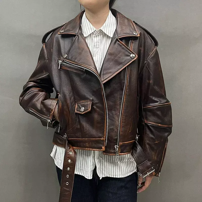 2023 Leather Jackets Women's Genuine Cow Leather Cropped Jacket Short Real Leather Coat GT5905