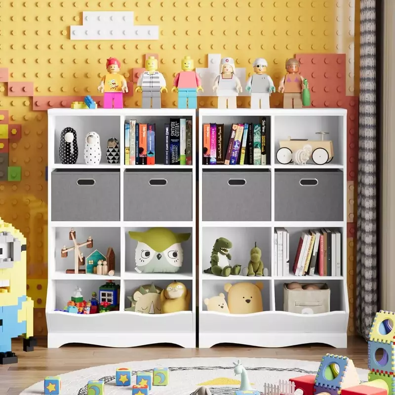 Kotak penyimpanan mainan, rak buku anak-anak dengan 2 kotak dan kubus, untuk anak laki-laki dan perempuan, ruang anak-anak, ruang bermain, putih