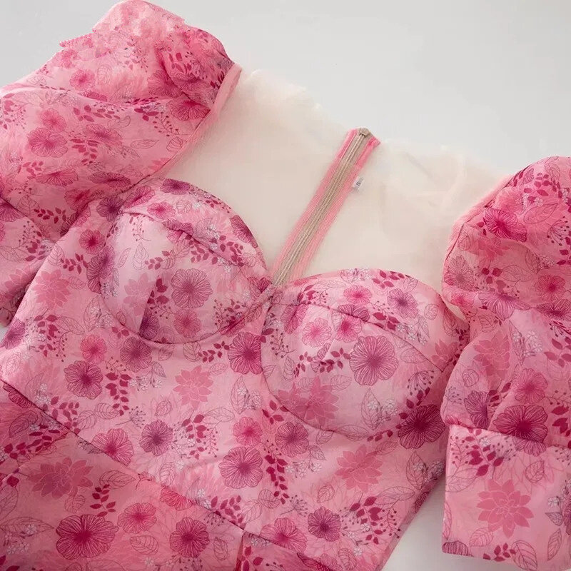 Nowe wybieg mody letnie damskie bufiaste rękawy różowe kwiatowe z nadrukiem eleganckie przyjęcie świąteczne sukienki