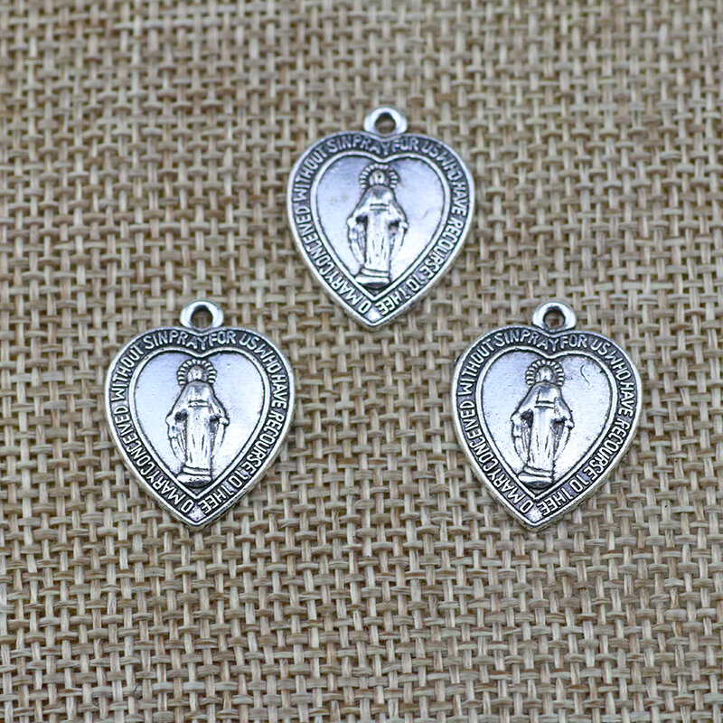 Colgantes de Corazón de Jesús de plata antigua hechos a mano, accesorios de joyería religiosa DIY, 22x18mm, 15 piezas