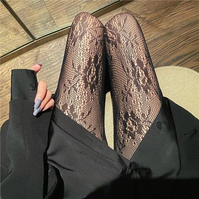 Meias de malha de renda oca, meia-calça estilo japonês, meias florais Rattan, calças justas clássicas quentes, Lolita sexy, preto e branco