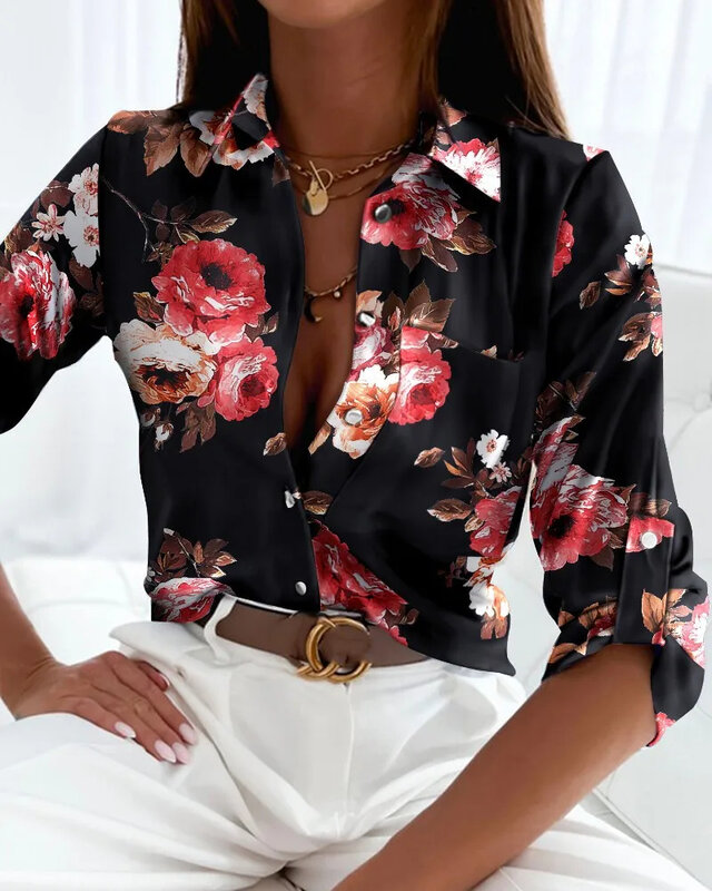 Elegant Women's Tops 20234 Spring and Autumn Temperament Tops Long Sleeve Striped Print Office Slim Pocket Shirt