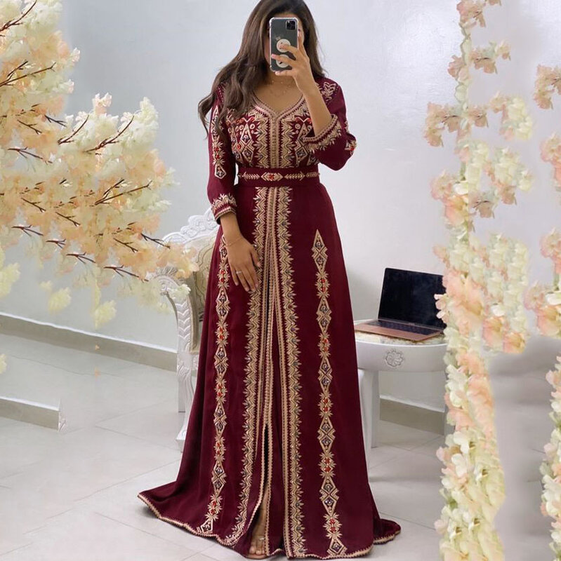 Caftán Abaya de manga larga para mujer, vestido de noche islámico de Dubái, vestidos de graduación árabes, vestido de noche Formal elegante, color burdeos, 2024