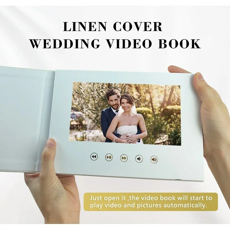 Kustom 7 inci kami pernikahan FOIL emas buku video pernikahan dengan tampilan IPS Linen terikat album brosur video pernikahan untuk Hari Jadi