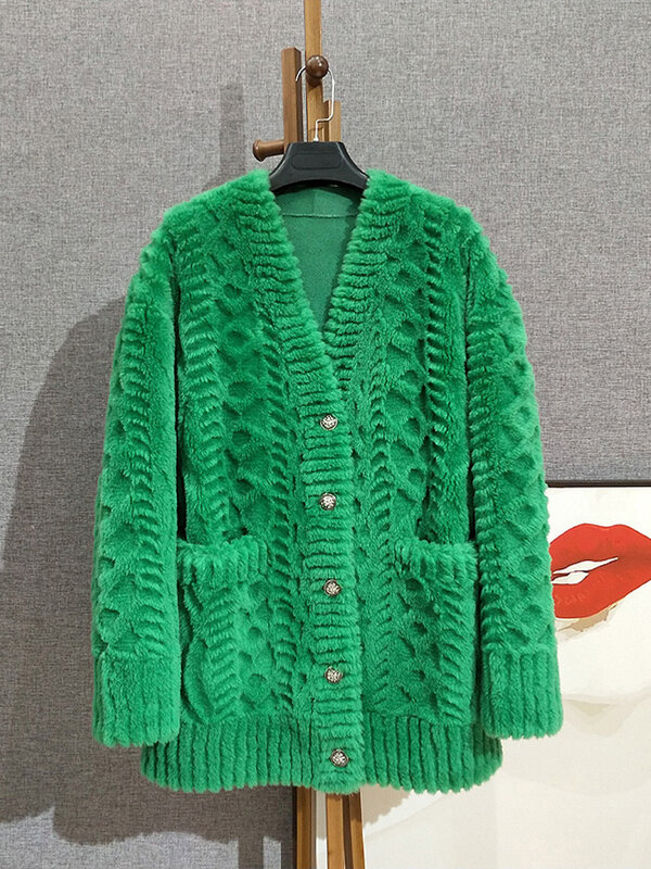 여성 브이넥 플라워 컷 양털 코트, 미디엄 길이, 특별 가격