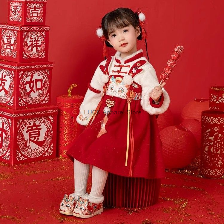 Новогодний костюм для девочки Hanfu детское Новогоднее плюшевое Новогоднее утолщенное платье в китайском стиле Тан зимнее платье для девочки