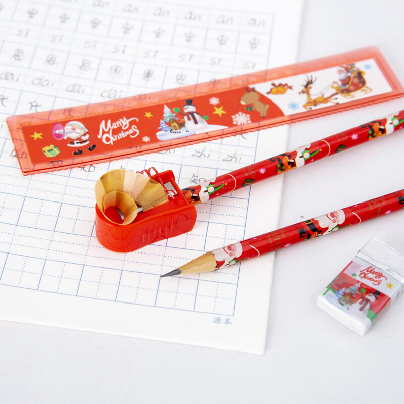 5 buah/Set Set Set alat tulis penggaris penghapus pensil rautan pensil Notepad hadiah Natal perlengkapan sekolah anak-anak hadiah taman kanak-kanak