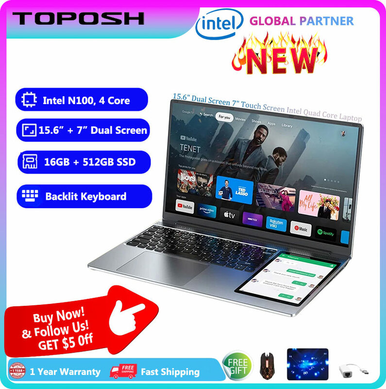 TOPOSH Brand New 15.6"+ 7" Touch Dual Screen Laptop Computer Intel N100 4 Core 16GB DDR4 RGB Backlit Keyboard PC Gamers Notebook