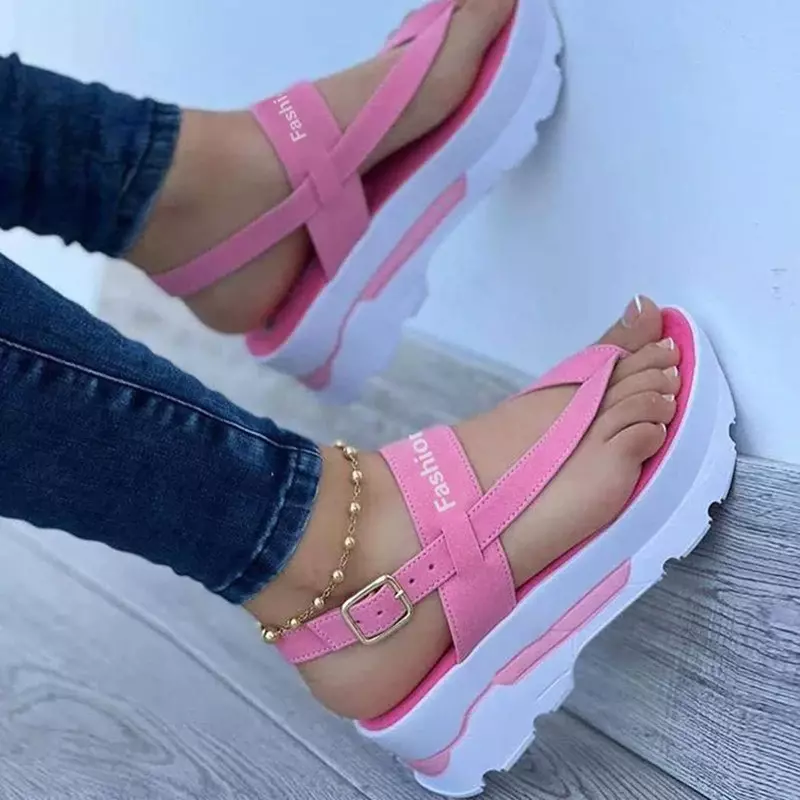 Sandalias rosas de verano para mujer, chanclas con hebilla de plataforma, sandalias de playa, chanclas de Punta abierta, zapatos de cuña