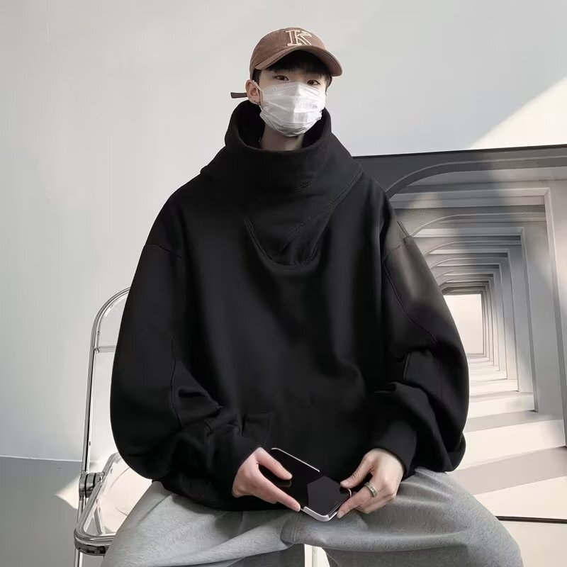 Herbst einfarbig japanische Ninja Hoodies Herren Roll kragen Vintage Fleece Sweatshirts Hip Hop Y2k Streetwear übergroßen Hoodie