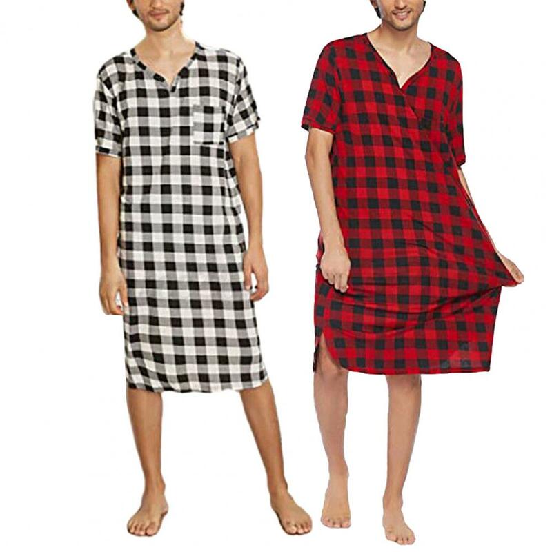 Loungewear estampado xadrez masculino, estilo longo, manga curta, gola V, roupa de casa, roupa de dormir, verão
