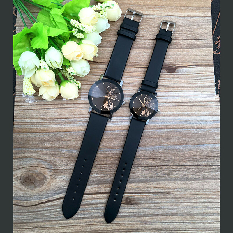 Relógio de vidro redondo elegante para homens e mulheres, casual, pulseira de couro, quartzo, pulso, presente para estudante, casal