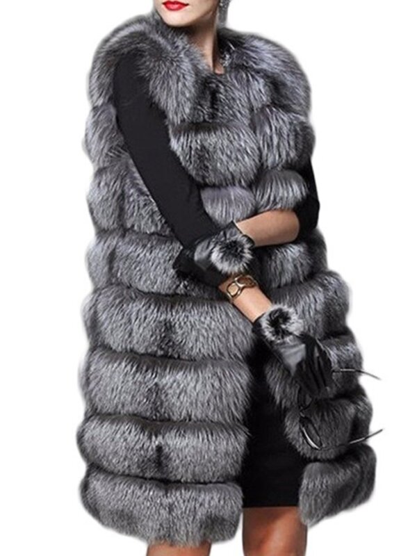 Puszysta kurtka kobiet bez rękawów długi futrzany płaszcz 2023 jesienno-zimowy gruby ciepły Faxu futro z lisa futrzany płaszcz kamizelka futrzana