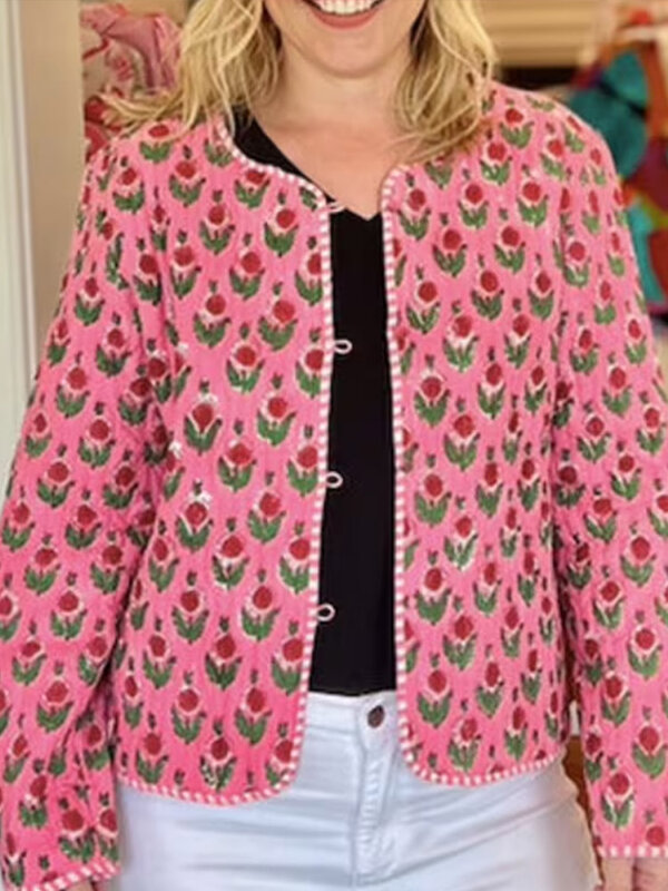 Cappotto floreale in cotone donna rosa manica lunga con scollo a v giacche calde spesse femminili 2024 autunno inverno Stripe All Match Lady soprabito