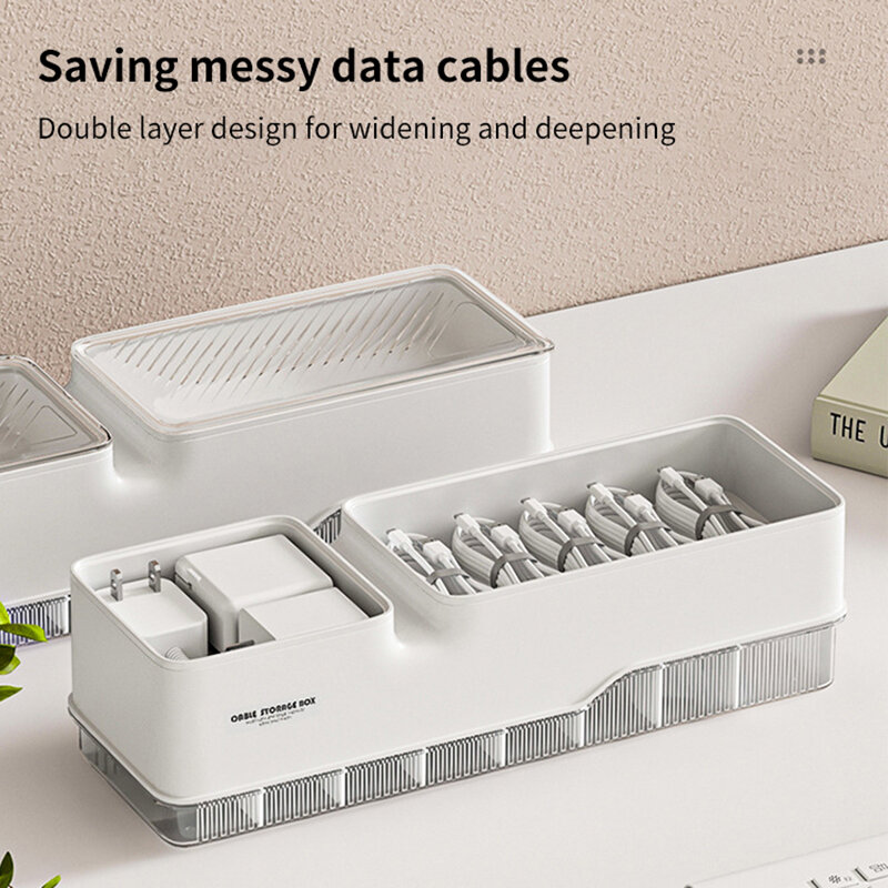 Kotak penyimpanan garis Data plastik transparan, wadah penyimpanan riasan alat tulis meja kabel Organizer perlengkapan kantor