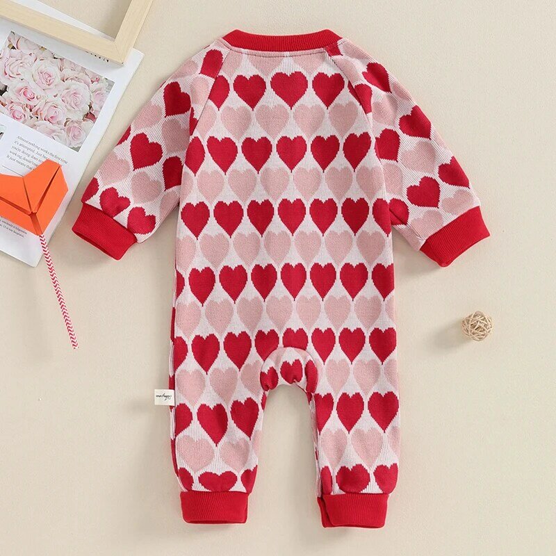 Baby Girl Cute Long Sleeve Button Down Heart Print Knit Romper Jumpsuit Top Infant Valentine Sweater