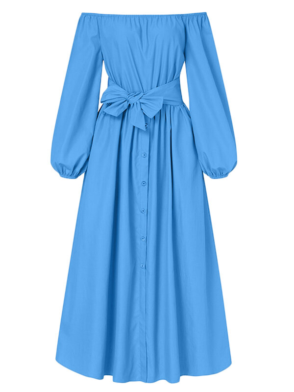 VONDA gaun wanita musim panas 2023, gaun pesta berkancing kasual warna polos, Gaun panjang bahu terbuka elegan musim semi wanita