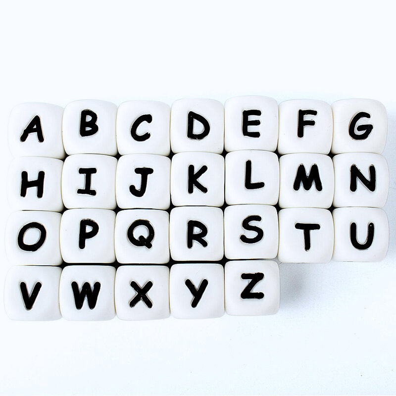 Mordedor de silicone com letra do alfabeto inglês para o bebê, contas 12mm, nome personalizado, corrente de chupeta diy, acessórios, 50pcs