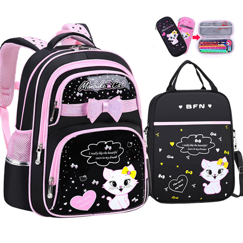 한국 초등 PU 가죽 학교 가방, 2020 패션, 귀여운 소녀 고양이, 정형 외과 방수 백팩, 신제품