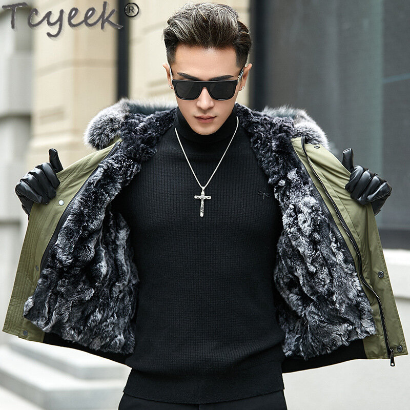 Tcyeek-Casaco de pele de coelho verdadeiro masculino, jaqueta de inverno, colarinho de pele de raposa quente, casacos slim fit
