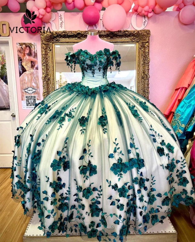 Szmaragdowo-zielona suknia balowa w kwiaty 3D z koralikami sukienka na Quinceanera z ramienia słodka sukienka 15 16 gorset Vestidos De 15 Años
