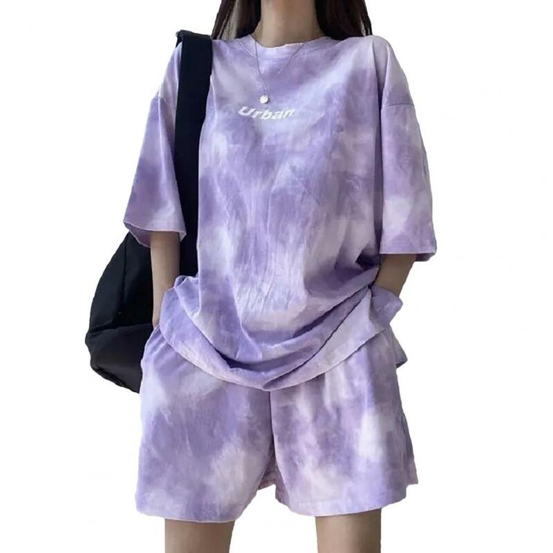 Summer T-shirt Shorts Set Tie-dye Women's Outfit Shorts Set with Elastic Waist Loose Top Mini Shorts Casual Sport