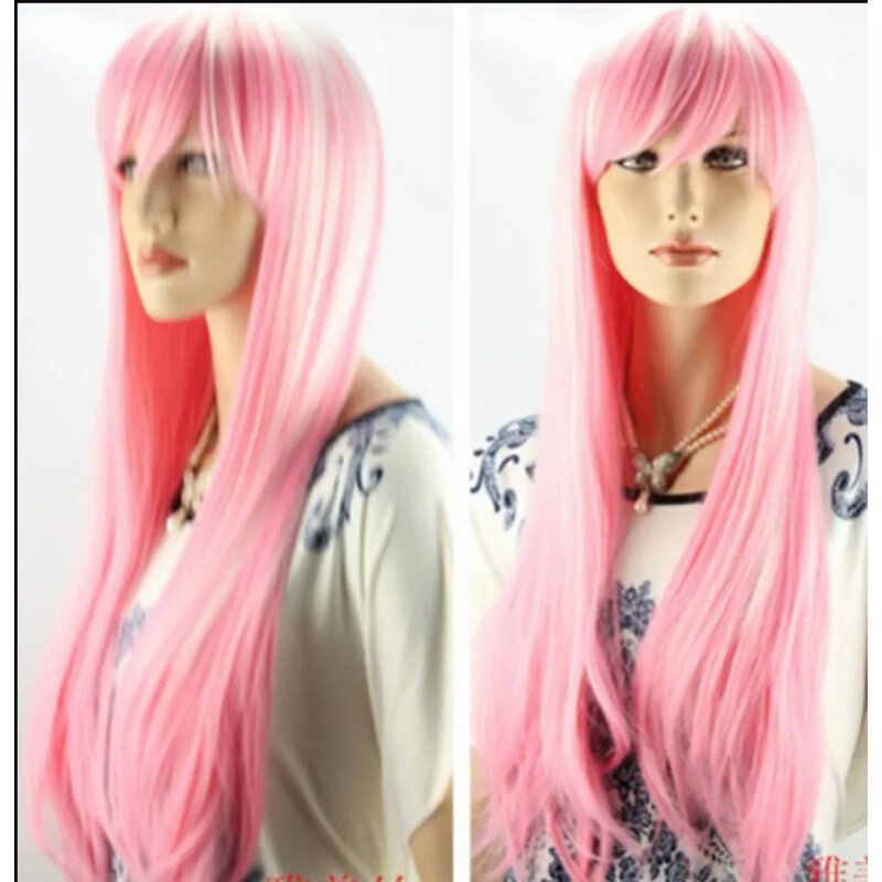 Wig gaya panjang lurus, wig rambut cosplay merah muda poni