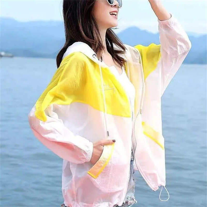 Jaqueta de proteção solar de manga comprida feminina, roupa feminina de verão, tops coreanos, casaco solto, jaqueta com protetor solar, estudantes
