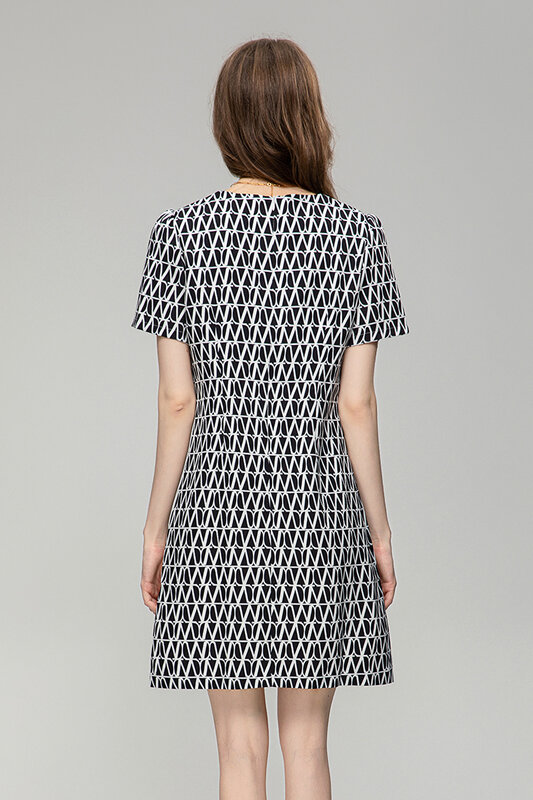 Gaun Mini wanita lengan pendek, gaun Mini motif geometris berlian lengan pendek leher-o sederhana musim panas desainer mode baru