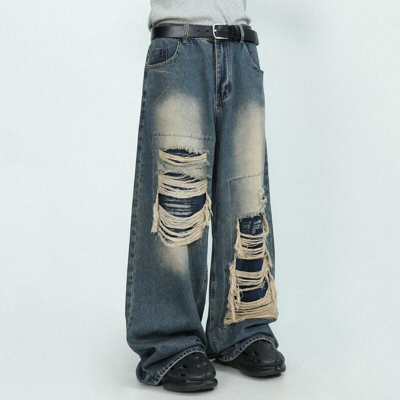 กางเกงยีนส์เอวสูงขากว้างทรงหลวมกางเกงฮิปฮอปทรงตรงมีกระเป๋าแนวเรโทรสีพื้นมีรอยขาด