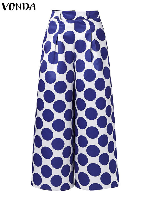 Vonda-Elegante bolinhas estampadas calças compridas femininas, fundo de sino, bolsos de cintura alta, calça boêmia casual, verão, plus size, 5XL