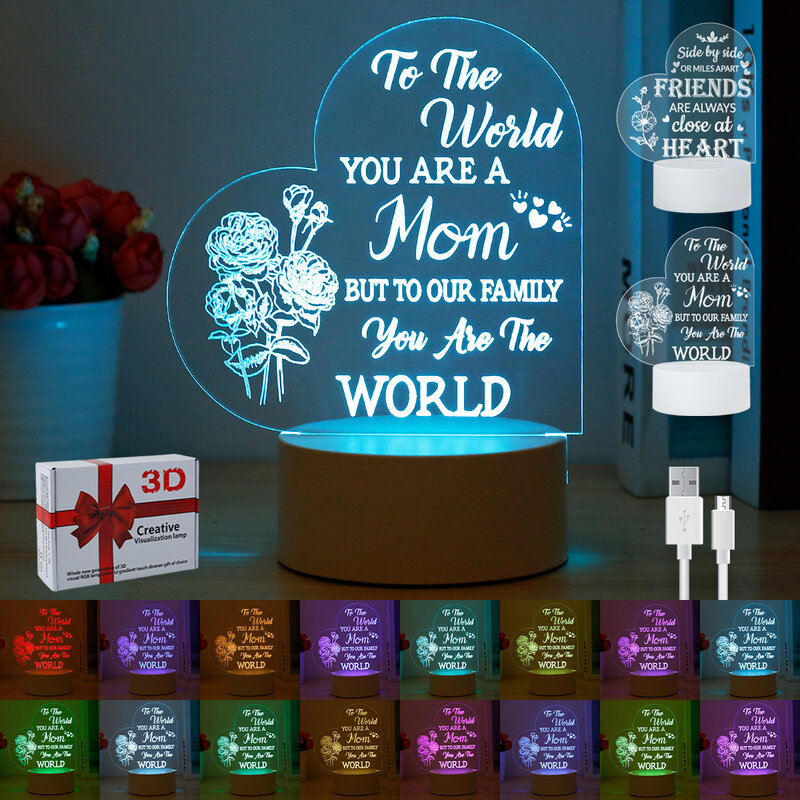 Acrylic Night Light with Plastic Base Unique LED Night Lamp with Engraved Sayings USB Powered Acrylic Night Light Heart-Shaped