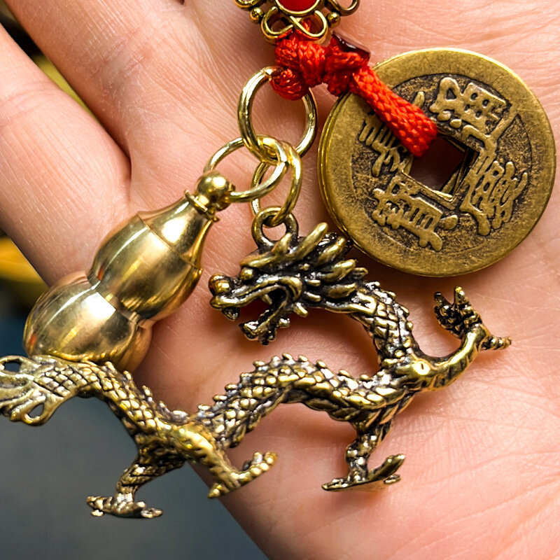 Brass Keychain Brass Zodiac Dragon Pendant Feng Shui Five Emperors Money Copper Gourd Keychain Car Purse Backpack Decoration
