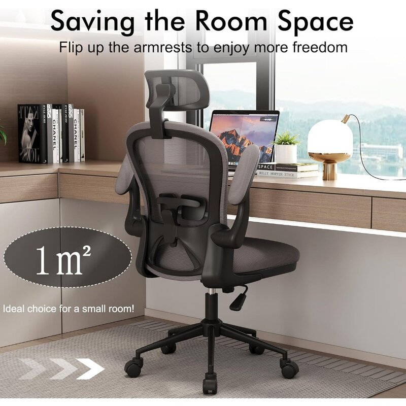 Kursi kantor ergonomis dengan penyangga pinggang, kursi meja jaring dengan lengan dan roda dapat disetel, kursi meja komputer