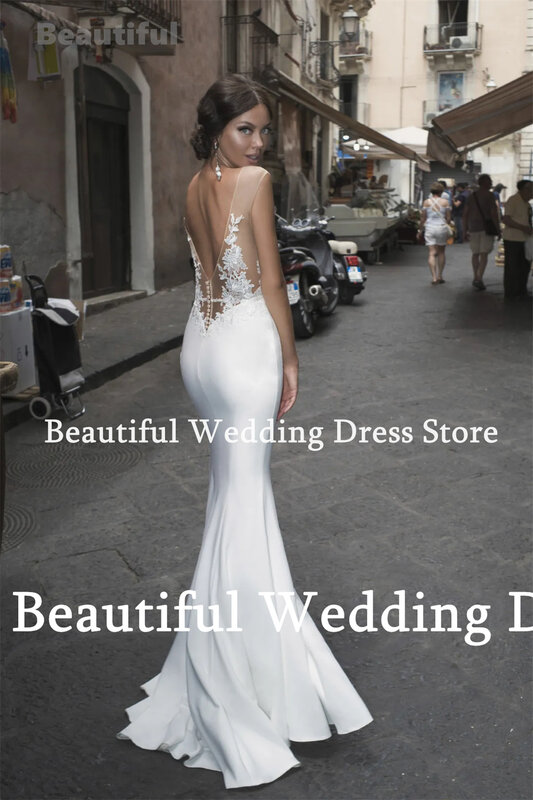 Vestido de noiva sereia cetim feminino, gola em O, mangas, apliques de renda, comprimento do chão, vestido de noiva, vestido de casamento, 2024