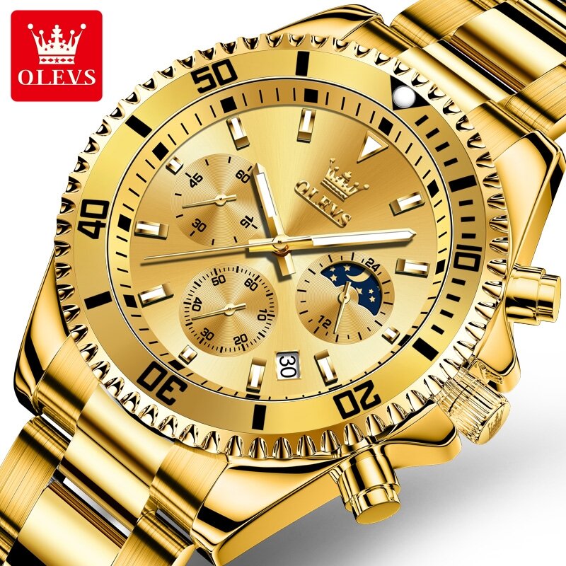 OLEVS 2870 orologi da uomo calendario in acciaio inossidabile dorato cronografo fasi lunari 42.5mm quadrante grande orologi da polso da uomo originali