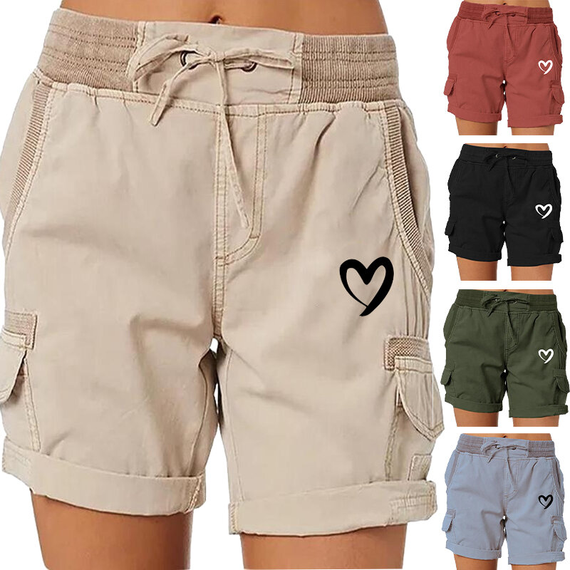 Шорты-карго женские с карманами, модные милые штаны с принтом сердца, для гольфа, активного отдыха, работы, прогулок, летние