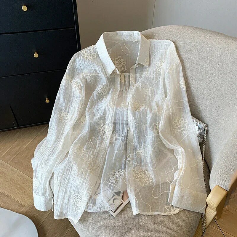 Шифоновая женская рубашка, летняя ретро блузка с вышивкой, свободные женские топы в китайском стиле, модная одежда с длинным рукавом YCMYUNYAN