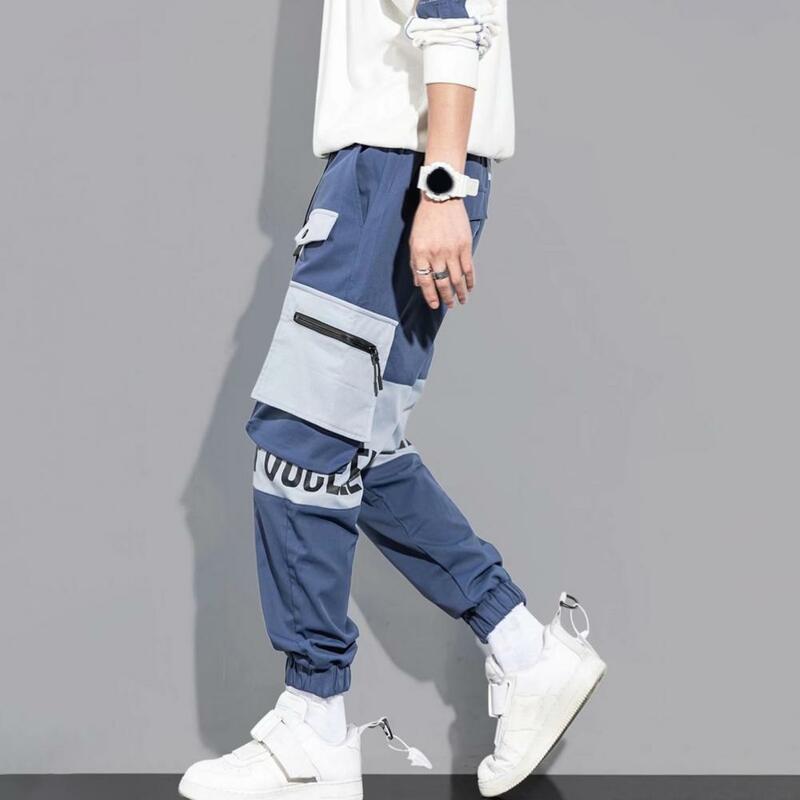 Men Casual Pants Men's Cargo Pants with Drawstring Waist Multiple Pockets Letter Print Design Ankle-banded Contrast for Daily