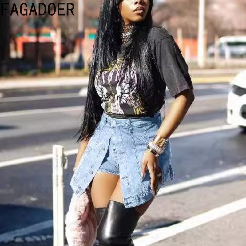 Fagadoer-女性用デニムスカート、ハイウエスト、ボタン、伸縮性、不規則、ファッション、夏