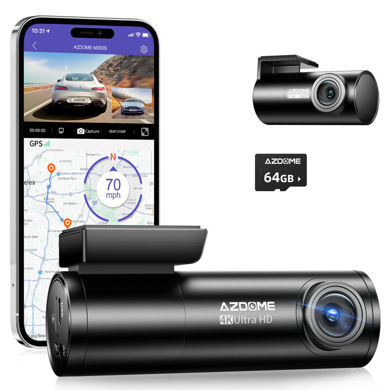 AZDOME M300S 4K Dash Cam anteriore e posteriore, 5.8G WiFi GPS Dash Camera per auto, scheda SD da 64GB gratuita, controllo vocale, visione notturna WDR