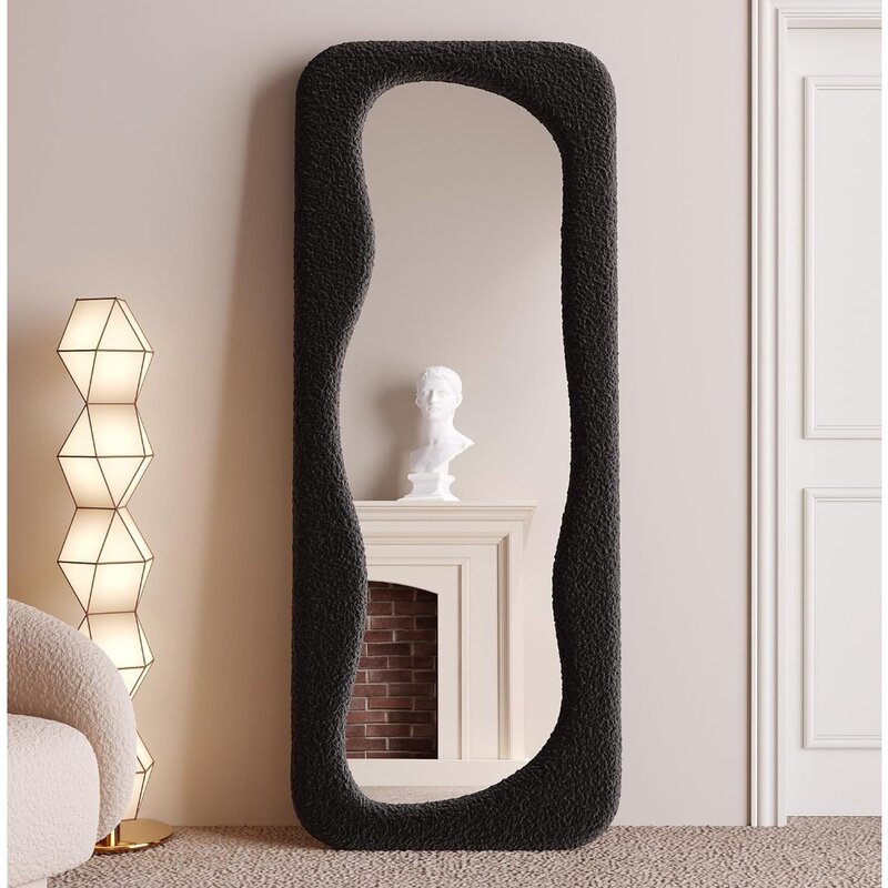 Espejo de longitud completa, espejo de piso con marco de madera envuelto en brida, adecuado para guardarropas/dormitorios/salas de estar, espejo de onda irregular