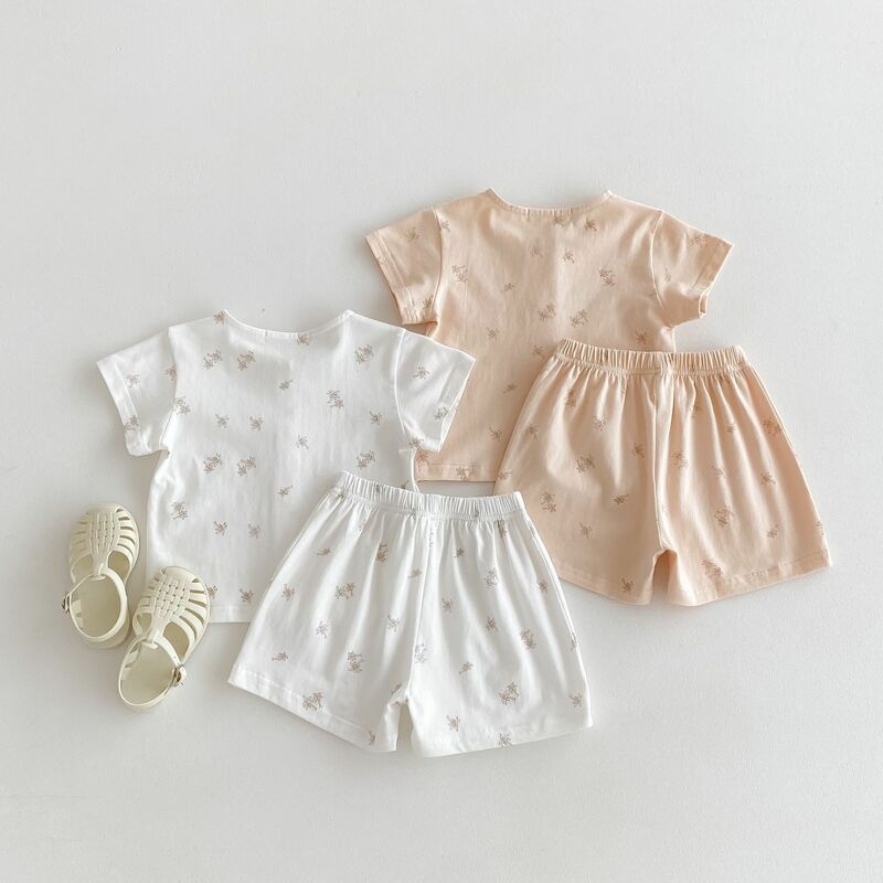 Letni nowy zestaw ubrania domowe dla dzieci niemowlęta dziewczynki nadruk kardigan z krótkim rękawem + szorty 2 sztuki garnitur dziecięcy strój wygodna piżama