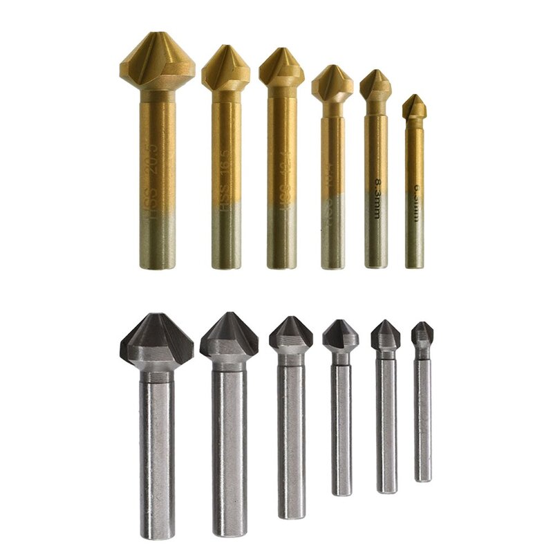 6Pcs 90 Degree 3 Flute HSS Countersink Drill Bit Set Titanium Coated Chamfer Cutter Wood Metal Hole Drilling Tools 6.3-20.5mm