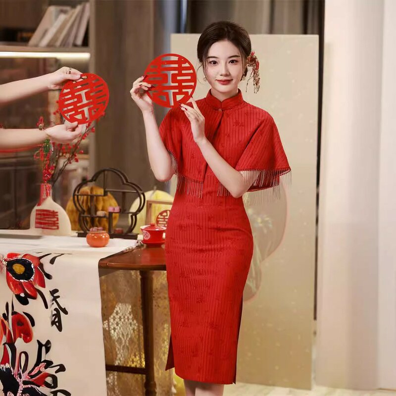 فستان زفاف على الطراز الصيني العتيق للنساء ، شيونغسام ، تشيباو اليومي ، الخطوبة والتحميص ، الأحمر ، التقليدي